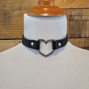 Black vegan leather choker with silvertone open heart detail